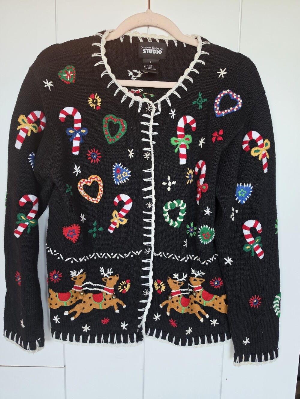 VTG 90s Designers Originals Holiday Christmas Cardigan Knit Sweater Black Small